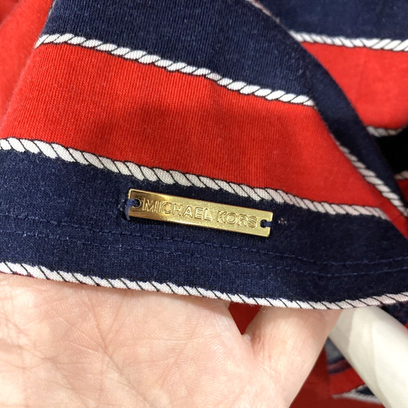 Michael Kors Popover Top Size L Red & Navy Blue Stripes Casual 3/4-Sleeve Chic - Picture 3 of 9